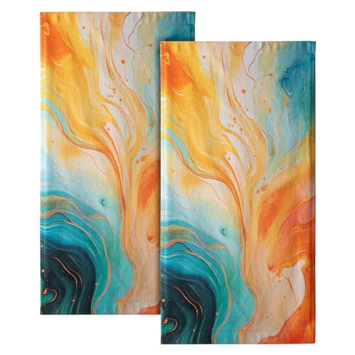 Giwawa Orange Teal Marble Hand Towels - Marble Hand Bath Towel Set of 2 Abstract Modern Luxury Texture Bathroom Towel Guest Towels Kitchen Dish Towel Holiday Decor - color: Orange Teal Marble, size: 28.3" x 14.4"(Pack of 2)