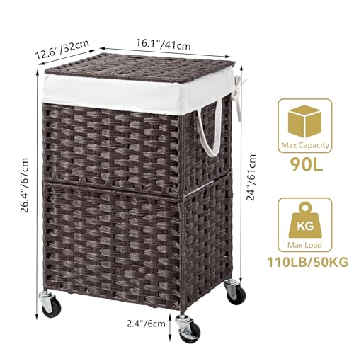 Chrislley Wicker Laundry Basket with Wheels,Rolling Laundry Hamper with Lid | 90L Slim Clothes Hamper with Wheels & Removable Liner Bag, Handwoven Rattan Laundry Organizer for Bedroom, Bathroom, Brown - color: Brown