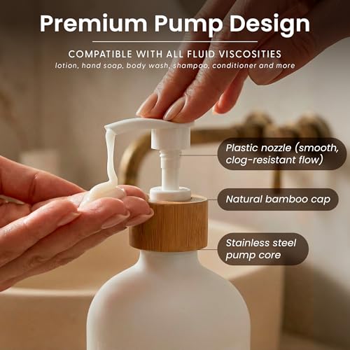 Maisonovo Soap Dispenser Set - White Soap Dispenser White Bamboo Pumps | Glass bottles for body wash, lotion, shampoo or conditioner · Sink, bathroom or countertop · Tray, 16.9 oz each - color: White Bottles White Bamboo Pumps