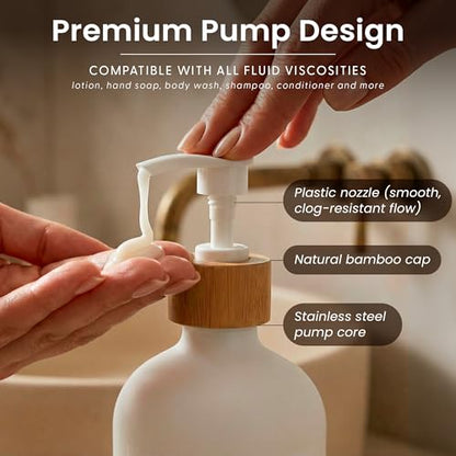 Maisonovo Soap Dispenser Set - White Soap Dispenser White Bamboo Pumps | Glass bottles for body wash, lotion, shampoo or conditioner · Sink, bathroom or countertop · Tray, 16.9 oz each - color: White Bottles White Bamboo Pumps