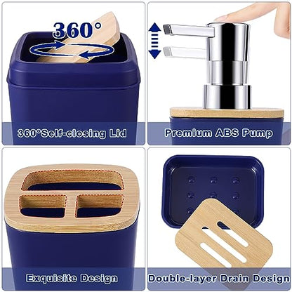 Bathroom Accessories Set, 9 Piece Navy Blue Bathroom Accessory Set with Trash Can,Toothbrush Holder,Toothbrush Cup,Lotion Soap Dispenser,Vanity Tray,Soap Dish,Toilet Brush,Qtip Holder - size: Bath Set, style: Navy Blue