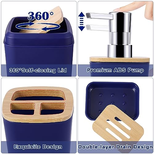 Bathroom Accessories Set, 9 Piece Navy Blue Bathroom Accessory Set with Trash Can,Toothbrush Holder,Toothbrush Cup,Lotion Soap Dispenser,Vanity Tray,Soap Dish,Toilet Brush,Qtip Holder - size: Bath Set, style: Navy Blue