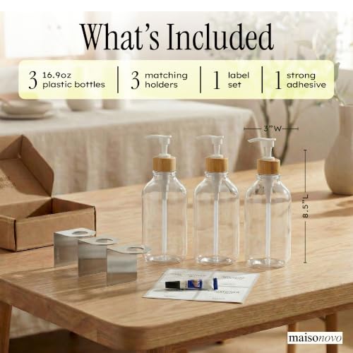 MaisoNovo Shampoo and Conditioner Dispenser|Refillable Clear Bamboo 3-Pack | 500 ml Shower Gel Dispenser Set of 3. Refillable Shampoo and Conditioner Bottles. Drill Free Secure Design. Clear Bamboo - color: Clear Bamboo Set of 3