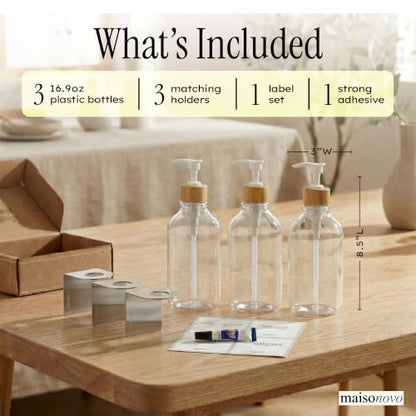 MaisoNovo Shampoo and Conditioner Dispenser|Refillable Clear Bamboo 3-Pack | 500 ml Shower Gel Dispenser Set of 3. Refillable Shampoo and Conditioner Bottles. Drill Free Secure Design. Clear Bamboo - color: Clear Bamboo Set of 3