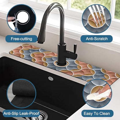 Geometric Printing Sink Splash Guard Faucet Mat Ceramic Tile Texture Super Absorbent Fast Drying Mat Sink Gadgets-Splash Guard Behind Faucet Drip Catcher for Kitchen Bathroom, 23.5"x5.5" - size: 23.5" x 5.5"