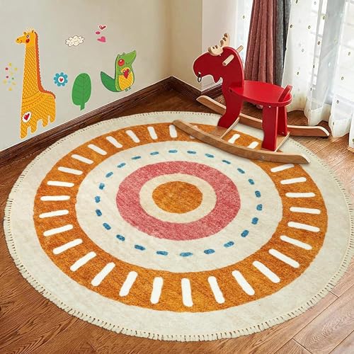 Lukinbox Boho Round Kids Rug - 6ft Sun Washable Nursery Area Rug for Living Room, Super Soft Non-Slip Circle Playroom Rugs, Colorful Rainbow Circular Rugs for Bedroom Dinning Room - size: 5'11" (Round)