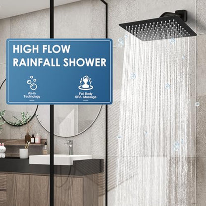12x8 Inch Rectangle Rain Shower Head Black, All Metal Stainless Steel 304, Full Body Rainfall Shower with 112 Silicone Nozzles, Ceiling Rain Showerheads - color: B-Matte Black, size: 12 x 8 Inch Rectangle