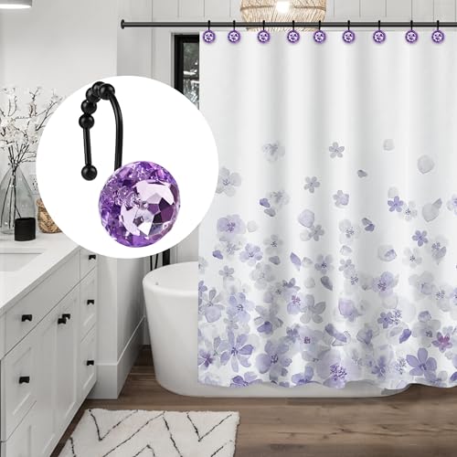 Sunlit Luxury Design Round Purple Diamond Crystal Gem Bling with Glide Balls Shower Curtain Hooks, Rust Proof Metal Rhinestones Glam Shower Curtain Rings with Black Hooks, Set of 12 - color: Purple With Black Hooks