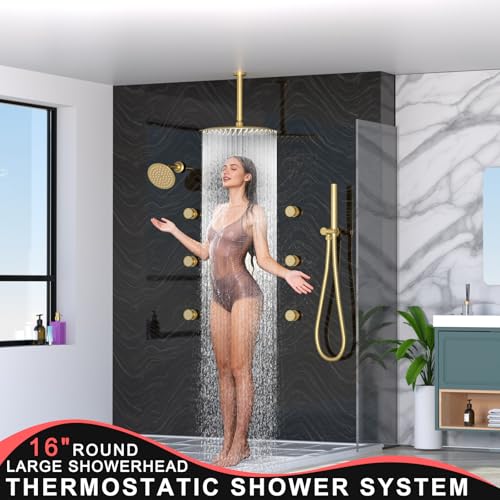 HOMEDEC 16" Round Shower Faucet Set with 6" Wall Mounted Shower Head, 4 Way Shower Valve with 2-Function Handheld Shower and Body Jets, Brushed Gold - color: Brushed Gold, style: 4-Way + 1x 6" Top