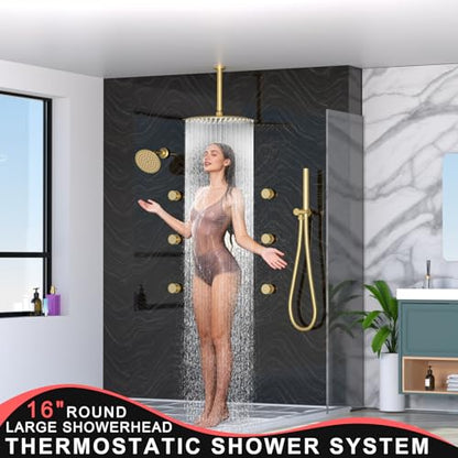 HOMEDEC 16" Round Shower Faucet Set with 6" Wall Mounted Shower Head, 4 Way Shower Valve with 2-Function Handheld Shower and Body Jets, Brushed Gold - color: Brushed Gold, style: 4-Way + 1x 6" Top