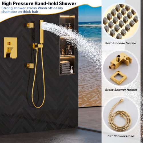 ENGA Bright Gold Dual Rain LED Shower System, 14"x20" Shower Head + 6" Wall Shower, 4 Body Jets with Individual On/Off & Adjustable Water Pressure, Rainfall Shower Faucet Set - color: Bright Gold, style: 14X20" Led Shower - Body Jets