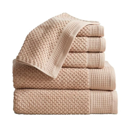 Belle Collection 100% Cotton Waffle Textured 6 Piece Towel Set | Super Soft Quick Dry Bath & Hand Towels, Washcloths | Beige - color: Beige, size: 6 Piece Set