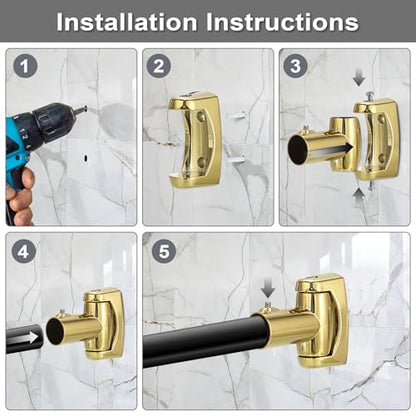 KoKone Shower Curtain Rod Bracket Set of 2 Adjustable 180° Rotation Bracket | for Curved Shower Curtain Rod Sturdy Zinc Alloy Wall Mounted Curtain Rod Holder for Bathroom, Wardrobe, Kitchen, Gold
