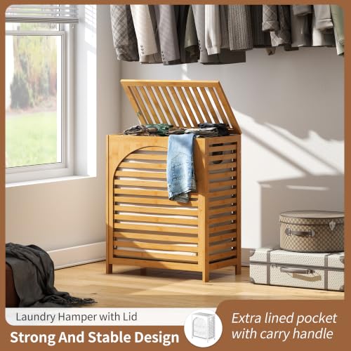Laundry Hamper with Lid, Bamboo with Handles and Removable Liner Bag, 125L Laundry Basket for Bedroom, Bathroom & Laundry Room (Natural) - color: Natural