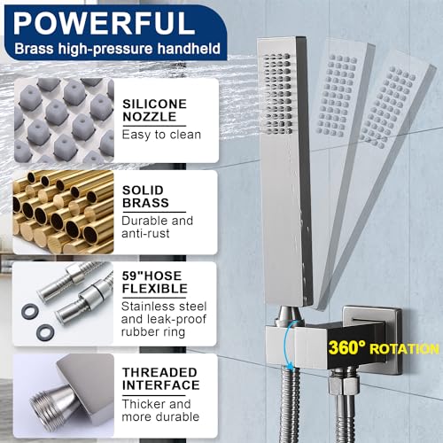 Thermostatic Shower System with 14x20 Inch Ceiling Mount LED Head & 6 Inch Wall Head and Handheld Shower 4 Function Vale with body jets Can All Run Together,Brushed Nickel - color: Brushed Nickel, style: 14x20 led+6 jets