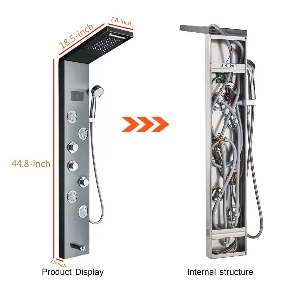 FUZ Matte Black Shower Panel Tower with LED Waterfall Rain Shower Head Digital Temperature Display 4 Body 99D-LFT8011andheld Shower Wand Tub Spout Multi Function Shower System for Bathroom