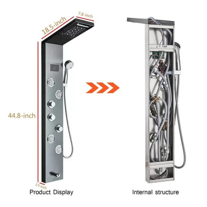 FUZ Matte Black Shower Panel Tower with LED Waterfall Rain Shower Head Digital Temperature Display 4 Body 99D-LFT8011andheld Shower Wand Tub Spout Multi Function Shower System for Bathroom