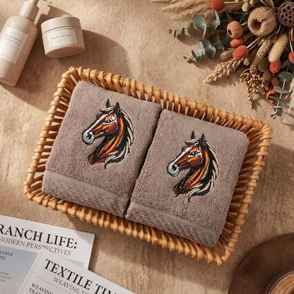 SmoothNovelty 2 Pcs Horse Hand Towels Brown Bathroom Decor 14x29 Inch Embroidered 100% Cotton Soft Absorbent Spring Summer Decorative Hand Towels for Bathroom Kitchen - style: Horse