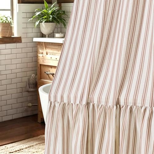 ORTIGIA Linen Textured Ruffle Shower Curtain 72x72 Inch with Metal Hooks, Vintage Cream-Brown Waterproof Bath Curtain for Rustic Farmhouse Bathroom Decor - color: Brown Strped and Ruffle, size: 72"W x 72"L (Pack of 1)