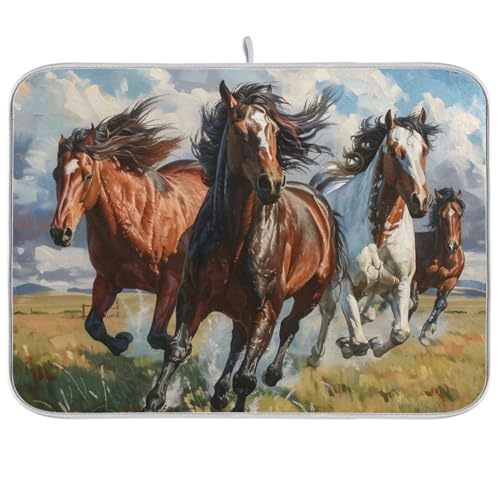 JIPONI Dish Drying Mat For Kitchen Counter, Few Galloping Horses Running Super Absorbent Multi-Functional Kitchen Mat, Large Draining Racks Pad 16"x18" - color: Art 6, size: 16" x 18"