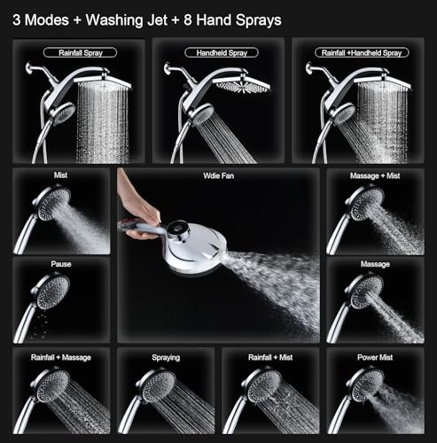 12" High Pressue Rain Shower Head with Handheld, 9 Sprays Hand Showerhead | Shower Heads with Handheld Spray Combo, Dual Head, Built-in Magnetic Docking, Power Jets, 59" Shower Hose, Chrome 1.75GPM - color: Chrome