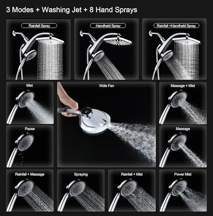 12" High Pressue Rain Shower Head with Handheld, 9 Sprays Hand Showerhead | Shower Heads with Handheld Spray Combo, Dual Head, Built-in Magnetic Docking, Power Jets, 59" Shower Hose, Chrome 1.75GPM - color: Chrome