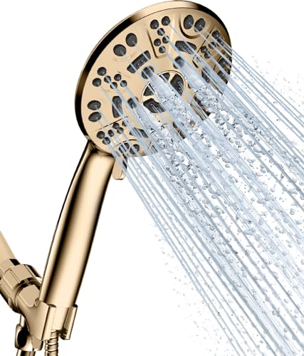 Cobbe 8-Setting Handheld Shower Head, Water-Saving Design, Gold | Trickle Pause Mode, 5ft Stainless Steel Hose, Brass Swivel Bracket, Tool-Free Installation - color: Gold