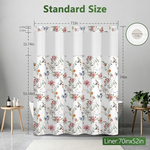 Floral Shower Curtain with Removable Liner, Double-Layer Waterproof Shower Curtains for Bathroom, Washable No Hook Shower Curtain with Snap in Liner, Weighted Bottom and Mesh Top Window, 71x74 Inches - color: Wildflowers