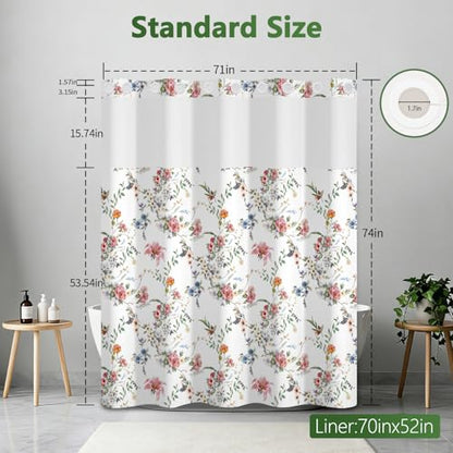 Floral Shower Curtain with Removable Liner, Double-Layer Waterproof Shower Curtains for Bathroom, Washable No Hook Shower Curtain with Snap in Liner, Weighted Bottom and Mesh Top Window, 71x74 Inches - color: Wildflowers