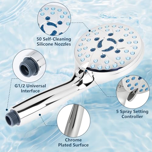 AmasSmile Shower Head with Handheld Sprayer Combo, 6-Mode Detachable Hand Held Showerhead with Power Wash & Pause Button - Shower Head with Handheld Spray Combo for Tub, Tile, Pets & RV - color: silver-plated