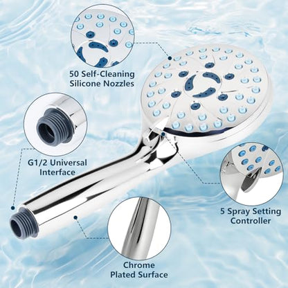 AmasSmile Shower Head with Handheld Sprayer Combo, 6-Mode Detachable Hand Held Showerhead with Power Wash & Pause Button - Shower Head with Handheld Spray Combo for Tub, Tile, Pets & RV - color: silver-plated