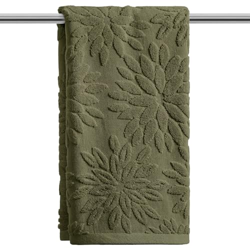 Artoid Mode 1 Pc Olive Green 3D Dahlia Floral Jacquard Hand Towels for Bathroom, Cotton Soft Absorbent Bathroom Decor Towels, 13.7 x 29.5 Inch - color: Olive Green, size: 13.7" x 29.5", 1PC