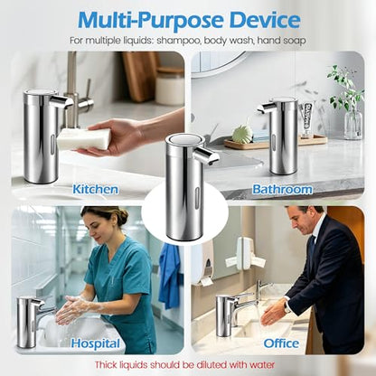 Automatic Soap Dispenser Touchless Soap Dispenser, 360 ML Rechargeable Sensor Pump with 304 Stainless Steel, 3-Level Adjustable, Water-Resistant for Kitchen Bathroom, Silver