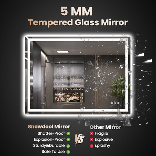 Snowdool 48 x 36 in LED Bathroom Mirror, Front and Backlit, Anti-Fog | Front and Backlit, 3 Color Temperatures, Anti-Fog, Tempered Glass - size: 36"L x 48"W