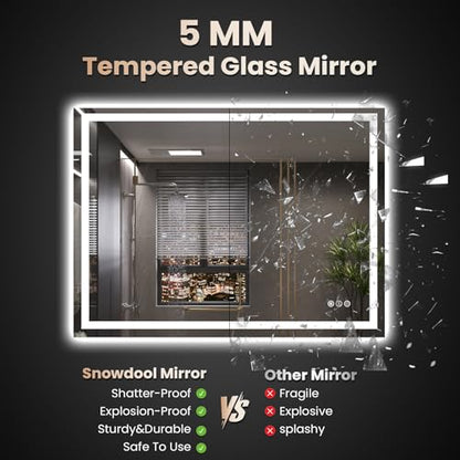 Snowdool 48 x 36 in LED Bathroom Mirror, Front and Backlit, Anti-Fog | Front and Backlit, 3 Color Temperatures, Anti-Fog, Tempered Glass - size: 36"L x 48"W