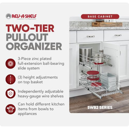 Rev-A-Shelf 2-Tier Pullout Shelf and Drawer Organizer for Kitchen Cabinets, Slide Out Storage Basket, Min Opening Width of 8.5", 9" x 22", 5WB2-0922CR-1 - size: 9" W x 22"D, style: Two Tier