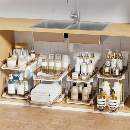 Delamu 2-Tier Multi-Purpose Bathroom Under Sink Organizers and Storage, Stackable Kitchen Pantry Organization, Pull Out Medicine Cabinet Organizer with Movable Dividers, Amber, 4 Pack - color: Amber, size: 4 Pack