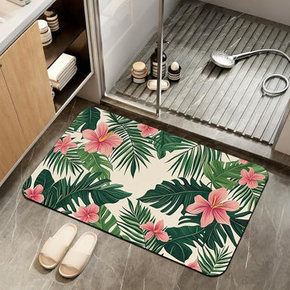 Tropical Leaves Bath Mat,Pink Flower Diatomaceous Earth Bath Mat,Rubber Backing Quick Dry Absorbent Washable Bathroom Rugs for Tub Non Slip 17"x29.5" - color: Tropical Leaves,pink Flower