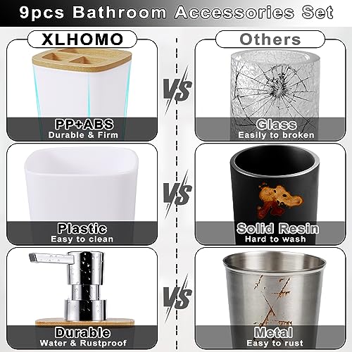 White Bathroom Accessories Set, 9 Piece Bathroom Accessory Set with Trash Can,Toothbrush Holder,Toothbrush Cup,Lotion Soap Dispenser,Vanity Tray,Soap Dish,Toilet Brush,Qtip Holder - size: Bath Set, style: White
