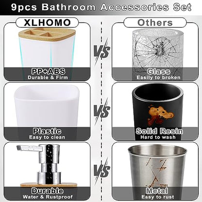 White Bathroom Accessories Set, 9 Piece Bathroom Accessory Set with Trash Can,Toothbrush Holder,Toothbrush Cup,Lotion Soap Dispenser,Vanity Tray,Soap Dish,Toilet Brush,Qtip Holder - size: Bath Set, style: White