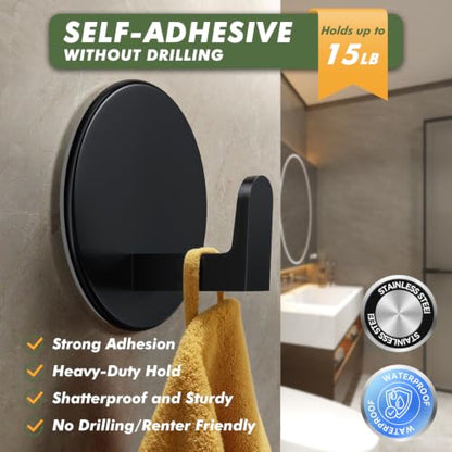 Auxmir Adhesive Towel Hooks, 5 Pack Heavy Duty Wall Hooks 15lb Max, No Drilling Hooks for Bathroom Shower Kitchen, Waterproof Rustproof Stainless Steel Hooks for Towels, Robes, Coats, Black-Round | 15 lb max capacity, heavy-duty no-drill wall hooks, water