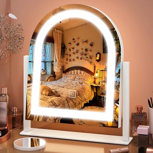 FENNIO Vanity Mirror with Lights 15"x13" Makeup Mirror with Lights, Lighted Makeup Mirror Touch Screen with 3-Color Lighting, 10X Magnification, Dimmable, for Vanity Desk Tabletop(White) - color: White, size: 15"L x 13"W