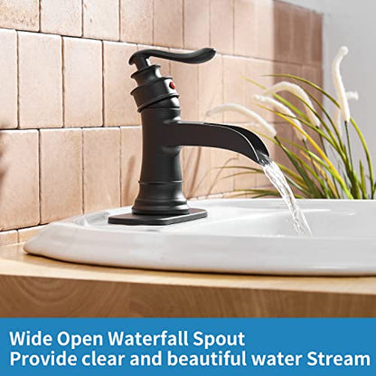 BWE Matte Black Waterfall Bathroom Faucet, Solid Brass, 1.2 GPM | Waterfall Spout, Ceramic Cartridge, California-Compliant, Fits 1 or 3-Hole Sinks, Handware Included, Single Handle - color: Black