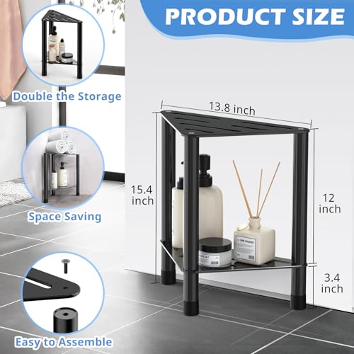 Corner Shower Stool for Inside Shower - 15.5in Shower Foot Rest with Storage Shelf, Stainless Steel Shower Stool for Shaving Legs, Bathroom Bench Suitable for Small Shower Spaces, Black