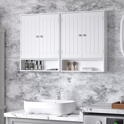 Bathroom Wall Cabinet, Over Toilet Storage Medicine Cabinet with 2 Doors and Adjustable Shelf, Small Above Toilet Bathroom Cabinet with Open Shelf (White, 4)