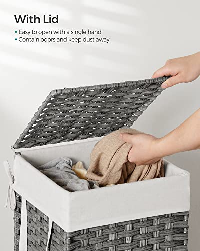 SONGMICS Laundry Hamper with Lid, 17.2 Gallon (65 L) Synthetic Rattan Clothes Laundry Basket with Lid and Handles, Foldable, Removable Liner, Dove Gray ULCB165G01 - color: Dove Gray, size: 65 L
