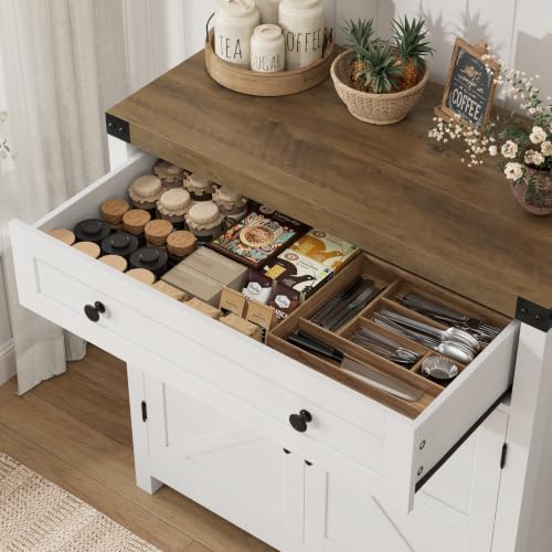 HOSTACK 31.5"W Kitchen Storage Cabinet, Farmhouse Coffee Bar Cabinet, White | Small Buffet Cabinet with Doors & Wide Drawer, Wood Sideboard Buffet, Entry Table w/ Adjustable Shelf for Dining Living Room - color: White