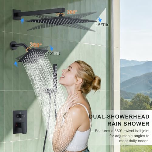 Rain Shower System with Rough-in Valve, Wall Mount Shower Faucet Set with 12" & 6" Dual Rain Shower Heads, 2-in-1 Handheld Shower, Tub Spout, 4-Function Complete Shower Fixture, Matte Black - color: Matte Black, size: Wall Mount-12"+6" head with Tub Spout