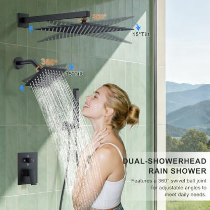 Rain Shower System with Rough-in Valve, Wall Mount Shower Faucet Set with 12" & 6" Dual Rain Shower Heads, 2-in-1 Handheld Shower, Tub Spout, 4-Function Complete Shower Fixture, Matte Black - color: Matte Black, size: Wall Mount-12"+6" head with Tub Spout