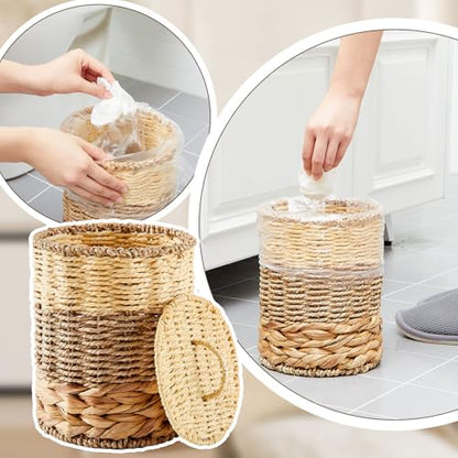 Ctosree 1.3 Gal Boho Wicker Trash Can with Lid, Primary Color | Polypropylene woven material; includes 100 garbage bags; for bedroom, office & laundry - color: Primary Color, style: Round